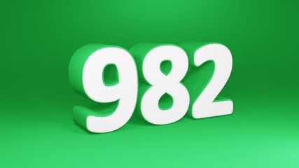 Number 982 in white on green background, isolated number 3d render