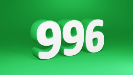 Number 996 in white on green background, isolated number 3d render