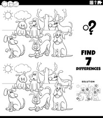 differences task with cartoon dogs coloring book page