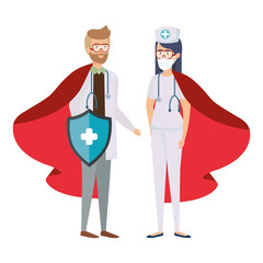 super doctor male and nurse with hero cloak vector illustration design