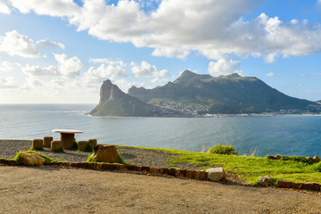 Panorama of Hout Bay from a view point at Chapman's Peak Drive, Cape Town, South Africa - obrazy, fototapety, plakaty