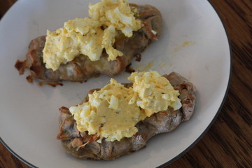 Close up view on freshly baked Karelian Pie with egg butter, a traditional topping to this dish in Finland