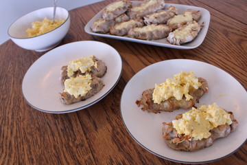 Close up view on freshly baked Karelian Pie with egg butter, a traditional topping to this dish in Finland