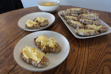 Close up view on freshly baked Karelian Pie with egg butter, a traditional topping to this dish in Finland