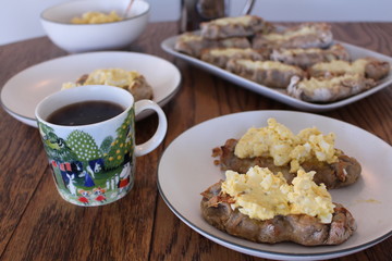 Close up view on freshly baked Karelian Pie with egg butter, a traditional topping to this dish in Finland