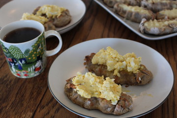 Close up view on freshly baked Karelian Pie with egg butter, a traditional topping to this dish in Finland