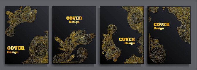 Obraz na płótnie Canvas Vector art illustration. Creative covers set. Color linear hand drawn pattern. Golden curved lines. Modern graphic design for brochures, magazines, A4 banners, posters, business cards, gift vouchers 