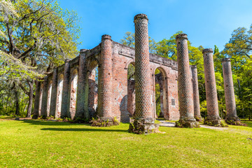 Beautiful aerial view of Old Sheldon Church and surrounding forest, South Carolina