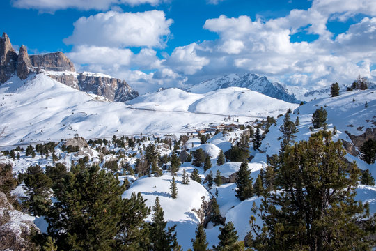 Dolomiti mountain landscape at a ski resort Campitello di Fassa Italy.