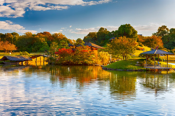 Traditional Japanese Garden with Kayo-no-ike Pond in Okayama Korakuen Garden in Okayama City, Japan.