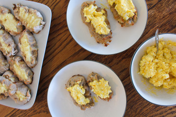 Close up view on freshly baked Karelian Pie with egg butter, a traditional topping to this dish in Finland