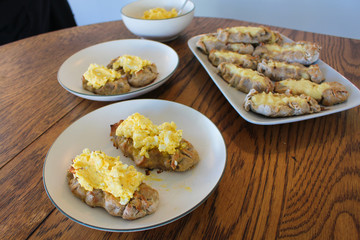 Close up view on freshly baked Karelian Pie with egg butter, a traditional topping to this dish in Finland