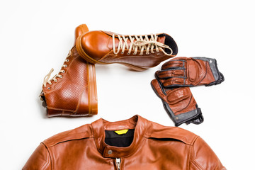 Set of Protective Moto Clothing Consisting of Leather Jacket, Leather Tan Boots and Stitched...