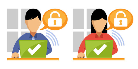 Fototapeta premium Illustration of men & women accessing information to unblock from a laptop.