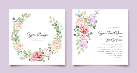 Fototapeta na wymiar elegant wedding card with beautiful floral and leaves template
