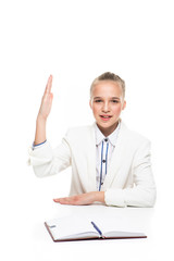 Educational Concepts. Portrait of Caucasian Teenager Girl Posing with Book with Lifted Hand....