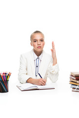 Educational Concepts. Portrait of Caucasian Teenager Girl Posing with Books and Pencils Holder with...