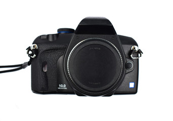 A digital camera of deep black color placed on a white isolated background