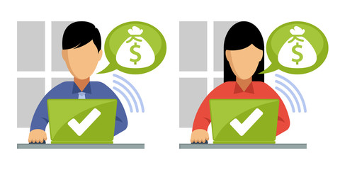 Illustration of men & women accessing financial information from a laptop.