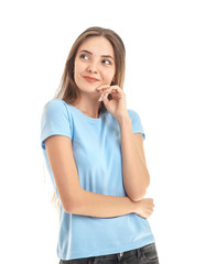 Beautiful young woman on white background