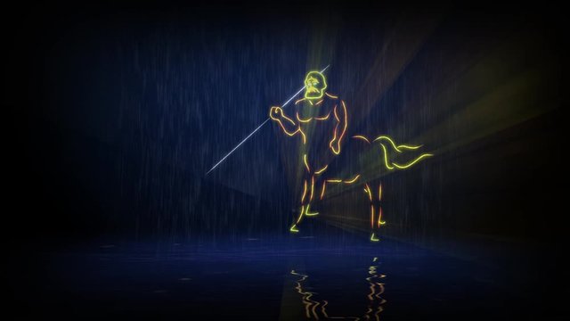 Centaur. Ancient Greek mythology.  Computer simulation of an animated laser show on a water screen (based on a real laser show)