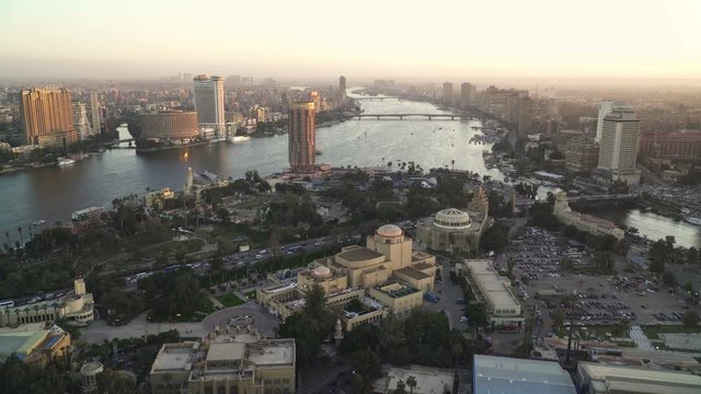 Cairo city skyline at sunset. Panoramic view of river Nile and Zamalek district.