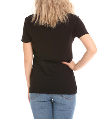 Woman in stylish t-shirt on white background