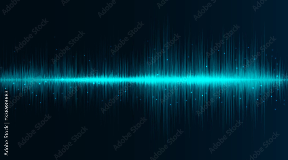 Poster sound wave neon flash lines in turquoise and blue on gradient background