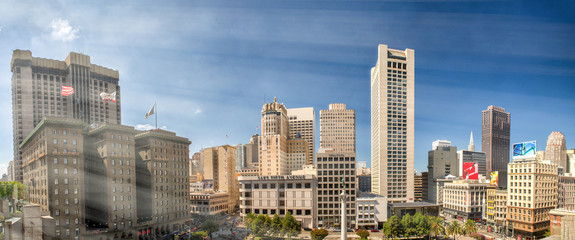 SAN FRANCISCO, CA - AUGUST 6, 2017: Panoramic city view of Union Square skyscrapers