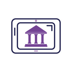 banking online concept, tablet with bank building icon on screen, line color style
