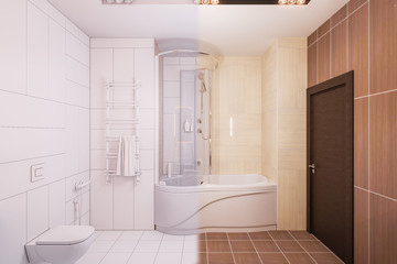 3d render interior design of a modern bathroom with a large mirror