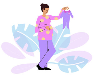 Pregnant woman chooses chooses for baby. Shopping before birth. Flat design vector illustration line style.