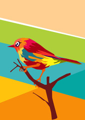 colorful bird on a branch in pop art style for background and illustration