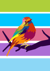 colorful bird on a branch in pop art style for background and illustration