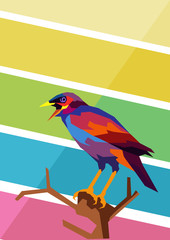 colorful bird on a branch in pop art style for background and illustration