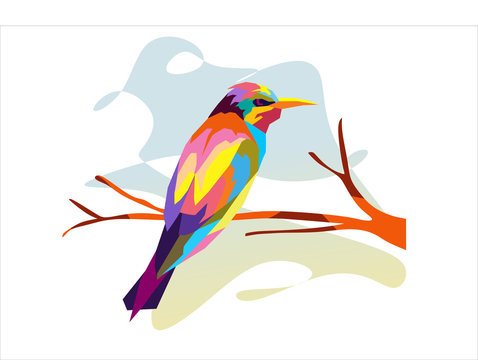colorful bird on a branch in pop art style for background and illustration