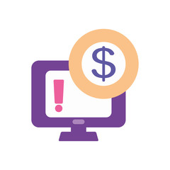 banking online concept, computer with exclamation mark and money coin icon, flat style