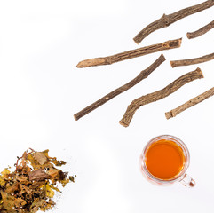 Valeriana officinalis - Valerian twigs and tea. White background