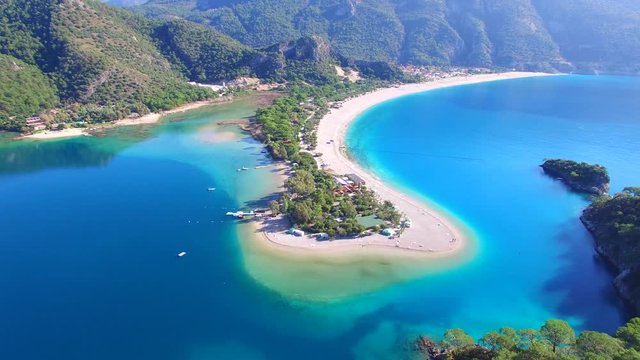 aerial drone footage of famous tourism place blue lagoon oludeniz fethiye turkey
