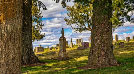 Grave headstones under trees with shadows on cloudy day