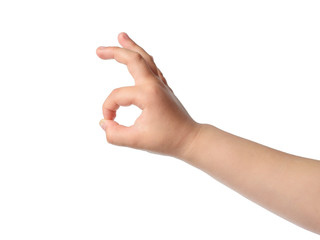 Kid hand show sign Ok. Isolated