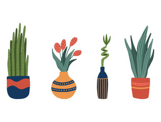 Set of house indoor plants in cartoon style. Cute trendy houseplants in pots and vases. Green natural decor for home and interior. Vector illustration close up.