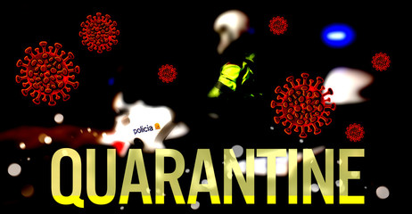 Quarantine conceptual coronavirus illustration. Blurred policeman in the background.