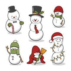 Set of vector snowmen with a top hat, a Santa hat, a broom, a scarf, mittens, a candy cane, a necktie, Christmas lights, a broom, a red coat and other festive features.
