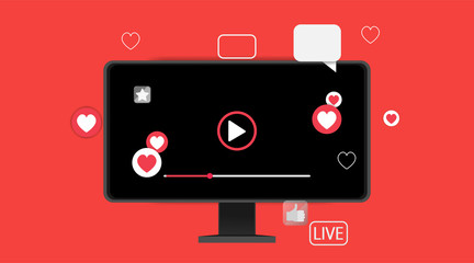 Fototapeta premium Video screen play button, Streaming preview template, 3d with likes and hearts, happy live, social media concept with media icons