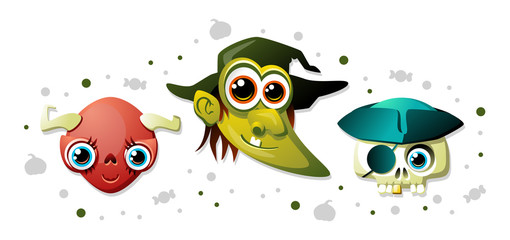 Vector banner showing a red female demon head with horns and blue eyes, a green witch head with a hat, pointy ears and a crooked nose, and a skull with a golden tooth, a pirate hat and an eye patch.