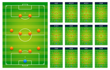 Top best popular football soccer green fields tactic table for coach players, match set concept. Planning upcoming schemes game. Modern flat vector illustration icons. Isolated on white
