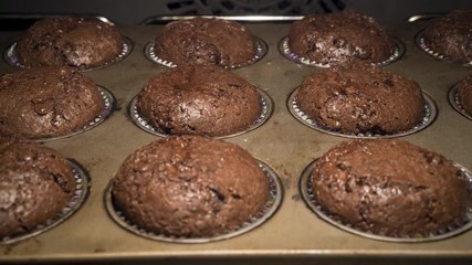 Delicious double chocolate chip muffins time lapse static footage. Home made muffins baking and rising in an oven