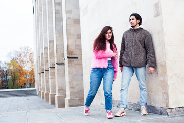 young happy students teenagers at university building on stairs, lifestyle people concept boy and girl