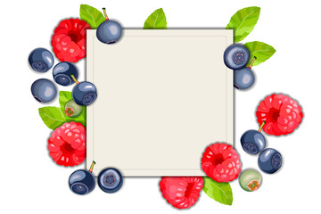 Blueberry and raspberry on a white background, leaves and berries frame